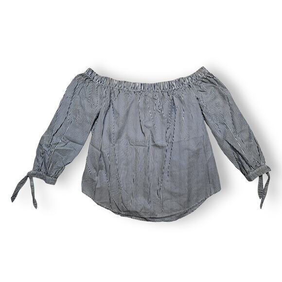 A&F Navy + White Striped Off-Shoulder 3/4 Tie-Sleeve Blouse Size Small - Picture 2 of 9